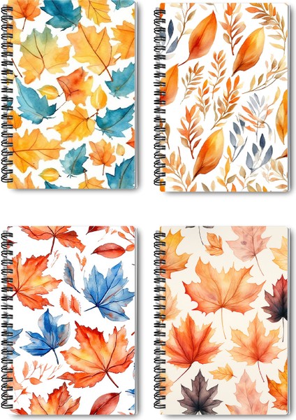 Sonbahar Yaprakları No:1 Tasarım Tel Spiralli 4'lü Hatıra, Günlük, Ajanda, Anı, Okul Defter Seti