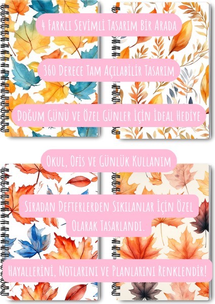 Sonbahar Yaprakları No:1 Tasarım Tel Spiralli 4'lü Hatıra, Günlük, Ajanda, Anı, Okul Defter Seti