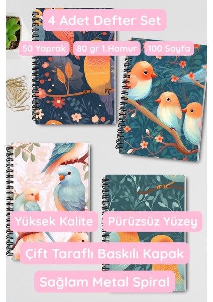 Minik Kuşlar No:3 Tasarım Tel Spiralli 4'lü Hatıra, Günlük, Ajanda, Anı, Okul Defter Seti