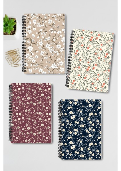 Mini Çiçekler Tasarım Tel Spiralli 4'lü Hatıra, Günlük, Ajanda, Anı, Okul Defter Seti