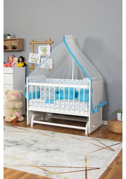 Doğal Ahşap Beşik Anne Yanı Sallanır 70X130 - Balina Uyku Seti +Cibinlik