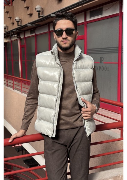 Erkek, Dik Yaka, Metal Fermuarlı, Cep Detaylı, Parlak Kumaş, Yelek 2486