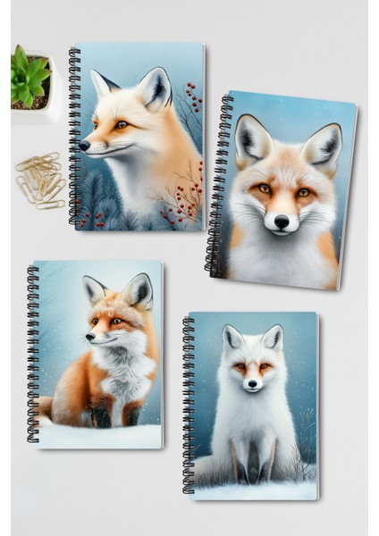 Tilki Kış Temalı Tasarım Tel Spiralli 4'lü Hatıra, Günlük, Ajanda, Anı, Okul Defter Seti