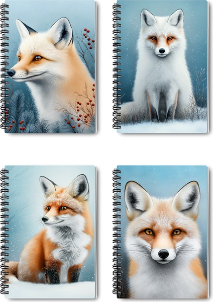 Tilki Kış Temalı Tasarım Tel Spiralli 4'lü Hatıra, Günlük, Ajanda, Anı, Okul Defter Seti