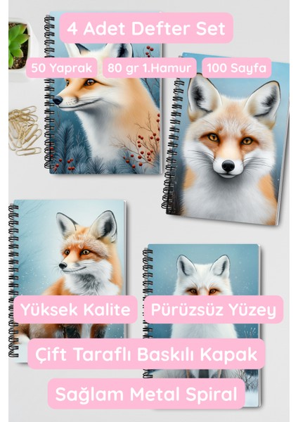 Tilki Kış Temalı Tasarım Tel Spiralli 4'lü Hatıra, Günlük, Ajanda, Anı, Okul Defter Seti