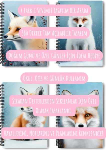 Tilki Kış Temalı Tasarım Tel Spiralli 4'lü Hatıra, Günlük, Ajanda, Anı, Okul Defter Seti