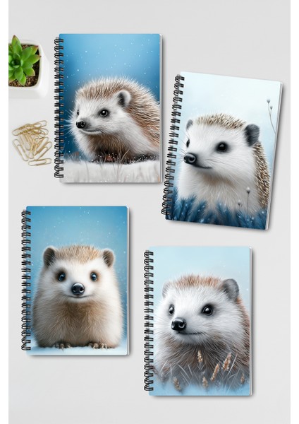 Kirpi Kış Temalı Tasarım Tel Spiralli 4'lü Hatıra, Günlük, Ajanda, Anı, Okul Defter Seti