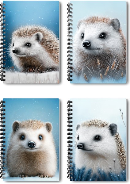 Kirpi Kış Temalı Tasarım Tel Spiralli 4'lü Hatıra, Günlük, Ajanda, Anı, Okul Defter Seti