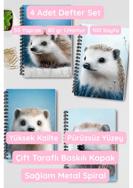 Kirpi Kış Temalı Tasarım Tel Spiralli 4'lü Hatıra, Günlük, Ajanda, Anı, Okul Defter Seti