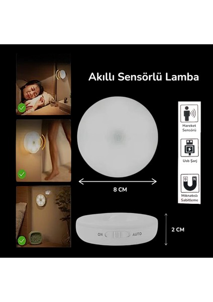 Tek-Iş USB Şarjlı Hareket Sensörlü Spot Lamba – Mıknatıslı ve Yapışkanlı Kablosuz LED Işık | Dolap Merdiven Koridor Gece Lambası
