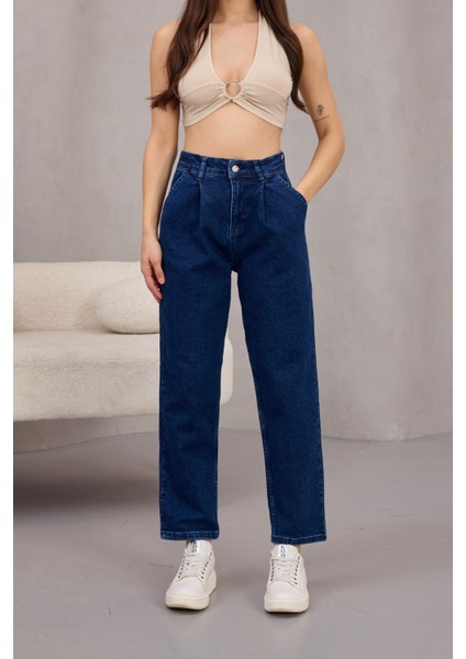 Kadın Yüksek Bel Likralı Pileli Mom Jeans