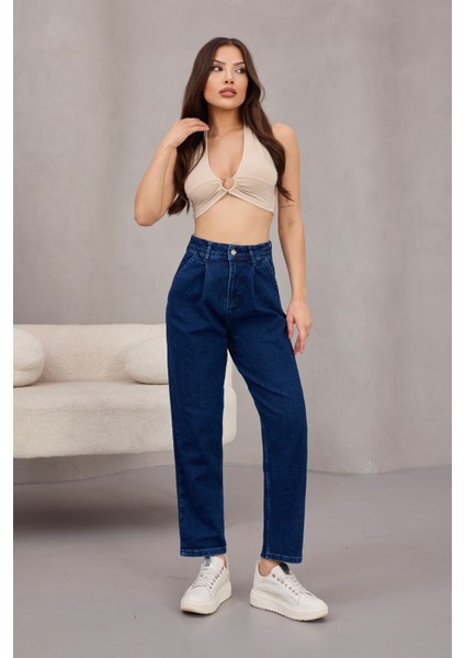 Kadın Yüksek Bel Likralı Pileli Mom Jeans