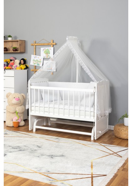 Doğal Ahşap Beşik Anne Yanı Sallanır 70X130 - Güpürlü Uyku Seti +Cibinlik