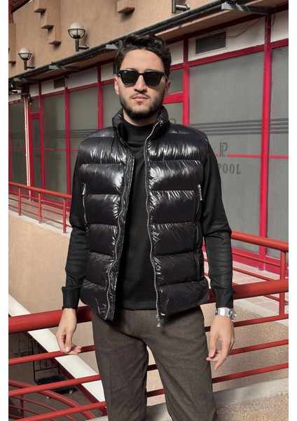 Erkek, Dik Yaka, Metal Fermuarlı, Cep Detaylı, Parlak Kumaş, Yelek 2486