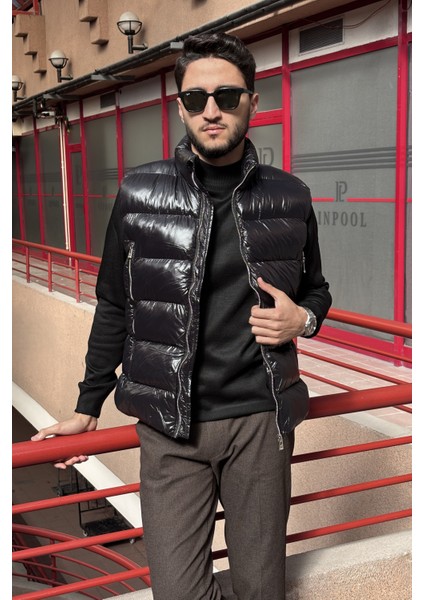 Erkek, Dik Yaka, Metal Fermuarlı, Cep Detaylı, Parlak Kumaş, Yelek 2486