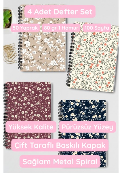 Mini Çiçekler Tasarım Tel Spiralli 4'lü Hatıra, Günlük, Ajanda, Anı, Okul Defter Seti