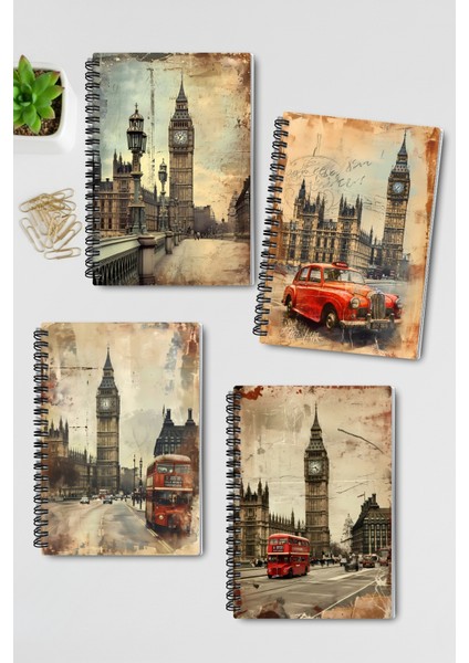 Vintage Londra Tasarım Tel Spiralli 4'lü Hatıra, Günlük, Ajanda, Anı, Okul Defter Seti