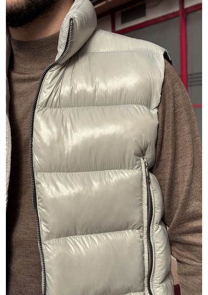 Erkek, Dik Yaka, Metal Fermuarlı, Cep Detaylı, Parlak Kumaş, Yelek 2486