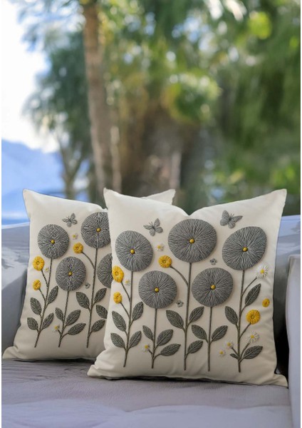 Punch Nakış Görünümlü Dijital Baskılı Gri Renkli Yaz Temalı Çiçekli 2li Kırlent Kılıfı Seti