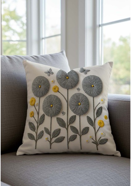 Punch Nakış Görünümlü Dijital Baskılı Gri Renkli Yaz Temalı Çiçekli 2li Kırlent Kılıfı Seti fiyatları