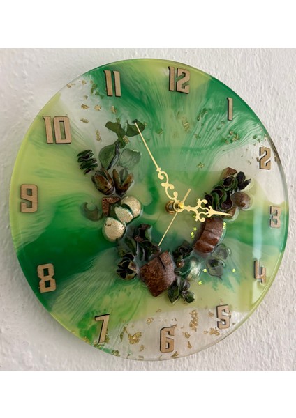 El Yapımı Epoksi Duvar Saati | Kurutulmuş Bitki Detaylı | Yeşil & Beyaz | 30 cm