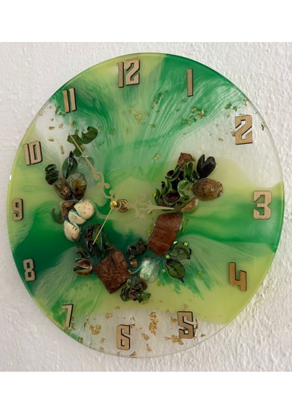 El Yapımı Epoksi Duvar Saati | Kurutulmuş Bitki Detaylı | Yeşil & Beyaz | 30 cm fiyatları