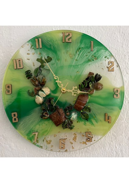 El Yapımı Epoksi Duvar Saati | Kurutulmuş Bitki Detaylı | Yeşil & Beyaz | 30 cm modelleri