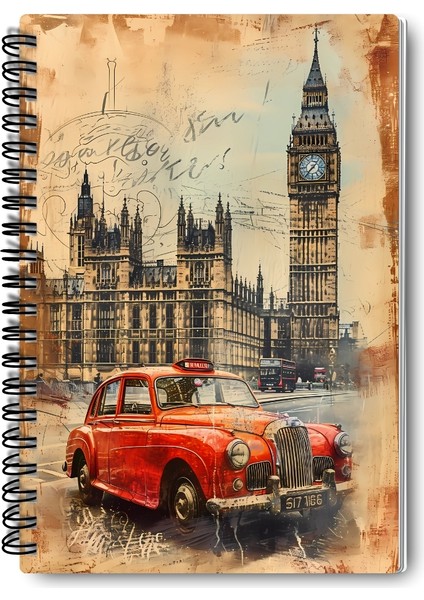 Vintage Londra Tasarım Tel Spiralli 4'lü Hatıra, Günlük, Ajanda, Anı, Okul Defter Seti modelleri