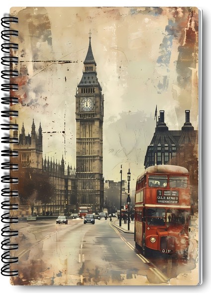 Vintage Londra Tasarım Tel Spiralli 4'lü Hatıra, Günlük, Ajanda, Anı, Okul Defter Seti fırsatları