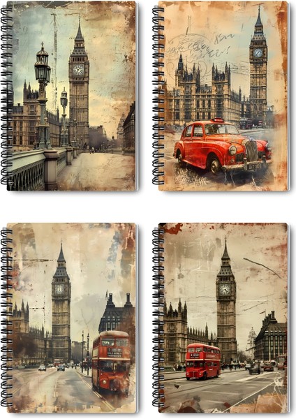 Vintage Londra Tasarım Tel Spiralli 4'lü Hatıra, Günlük, Ajanda, Anı, Okul Defter Seti