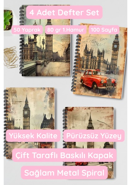 Vintage Londra Tasarım Tel Spiralli 4'lü Hatıra, Günlük, Ajanda, Anı, Okul Defter Seti