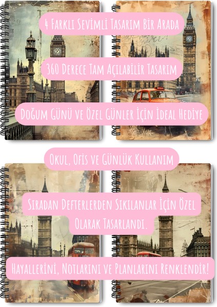 Vintage Londra Tasarım Tel Spiralli 4'lü Hatıra, Günlük, Ajanda, Anı, Okul Defter Seti