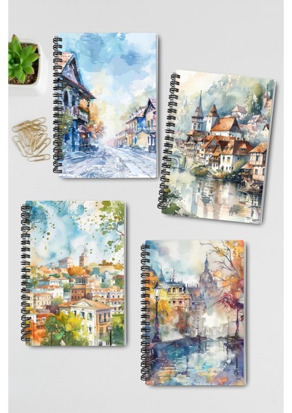 Vintage Sonbahar Şehir Temalı Tasarım Tel Spiralli 4'lü Hatıra, Günlük, Ajanda, Okul Defter Seti