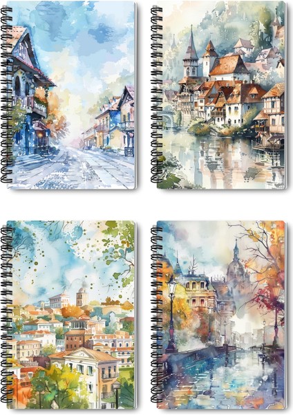 Vintage Sonbahar Şehir Temalı Tasarım Tel Spiralli 4'lü Hatıra, Günlük, Ajanda, Okul Defter Seti