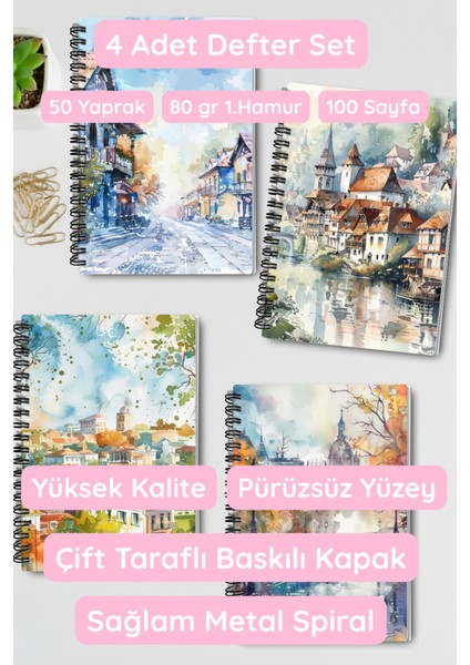 Vintage Sonbahar Şehir Temalı Tasarım Tel Spiralli 4'lü Hatıra, Günlük, Ajanda, Okul Defter Seti