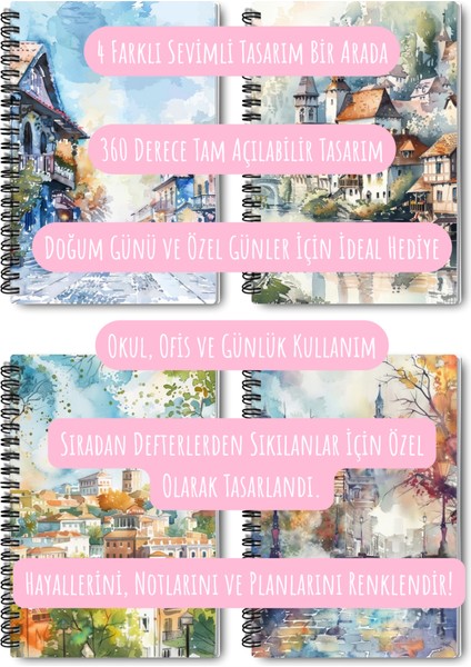 Vintage Sonbahar Şehir Temalı Tasarım Tel Spiralli 4'lü Hatıra, Günlük, Ajanda, Okul Defter Seti