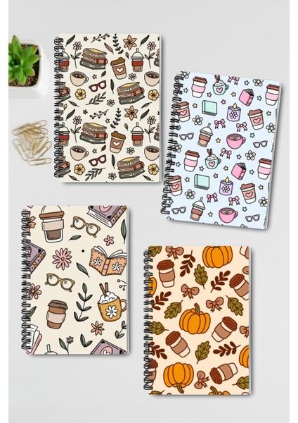 Sonbahar Kitap Kahve ve Çiçek Temalı Tasarım Tel Spiralli 4'lü Hatıra, Günlük, Okul Defter Seti