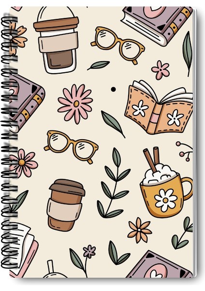 Sonbahar Kitap Kahve ve Çiçek Temalı Tasarım Tel Spiralli 4'lü Hatıra, Günlük, Okul Defter Seti modelleri