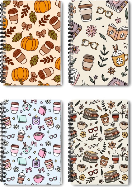 Sonbahar Kitap Kahve ve Çiçek Temalı Tasarım Tel Spiralli 4'lü Hatıra, Günlük, Okul Defter Seti