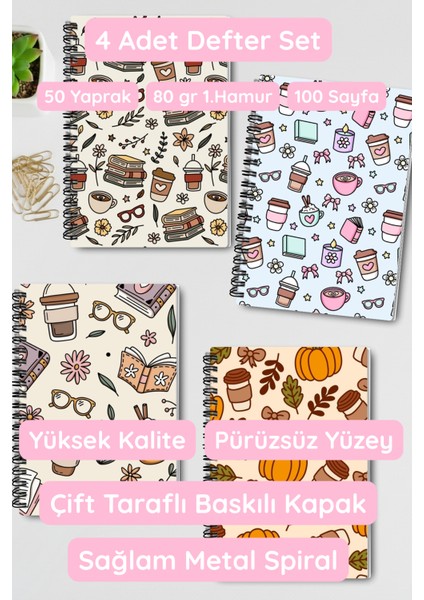 Sonbahar Kitap Kahve ve Çiçek Temalı Tasarım Tel Spiralli 4'lü Hatıra, Günlük, Okul Defter Seti