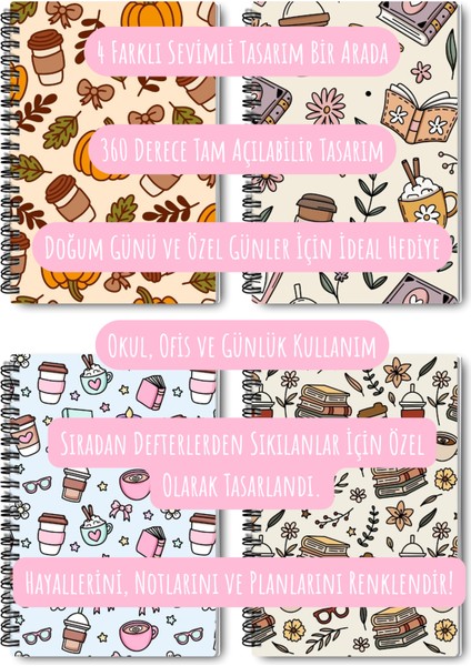 Sonbahar Kitap Kahve ve Çiçek Temalı Tasarım Tel Spiralli 4'lü Hatıra, Günlük, Okul Defter Seti