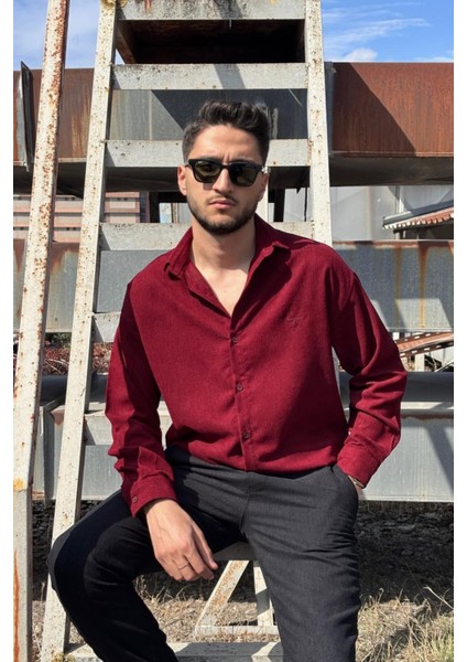 Erkek, Nakış Detaylı, Regular-Fit, Kışlık-Baharlık, Ince Fitilli Kadife Gömlek G16