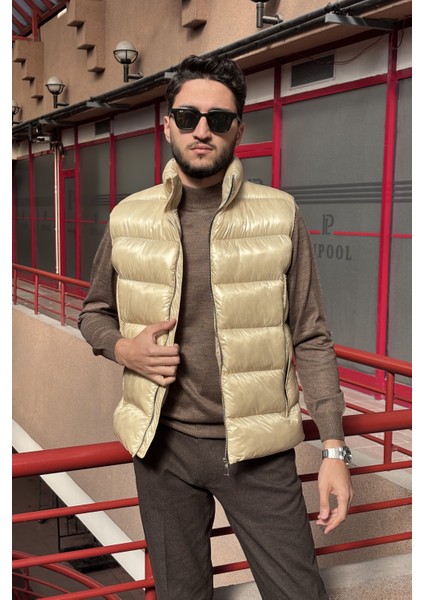 Erkek, Dik Yaka, Metal Fermuarlı, Cep Detaylı, Parlak Kumaş, Yelek 2486