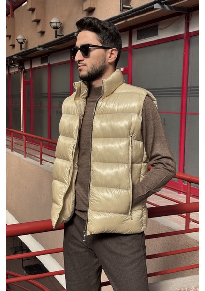 Erkek, Dik Yaka, Metal Fermuarlı, Cep Detaylı, Parlak Kumaş, Yelek 2486