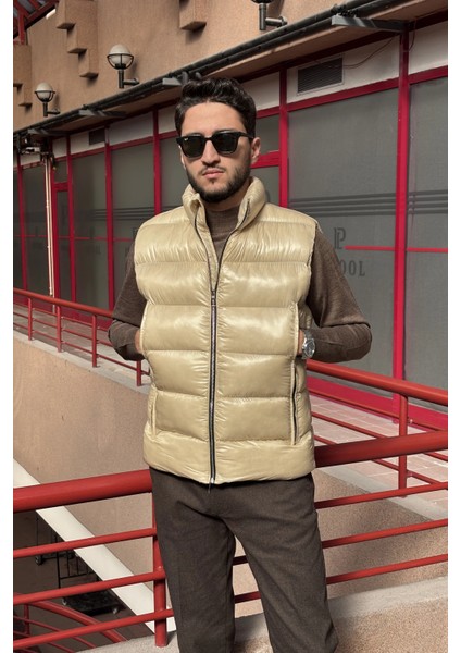 Erkek, Dik Yaka, Metal Fermuarlı, Cep Detaylı, Parlak Kumaş, Yelek 2486
