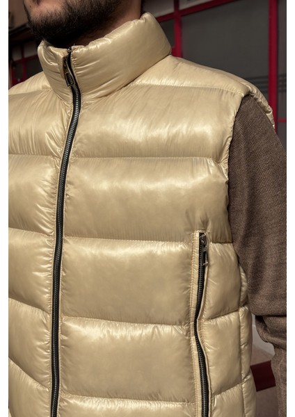 Erkek, Dik Yaka, Metal Fermuarlı, Cep Detaylı, Parlak Kumaş, Yelek 2486