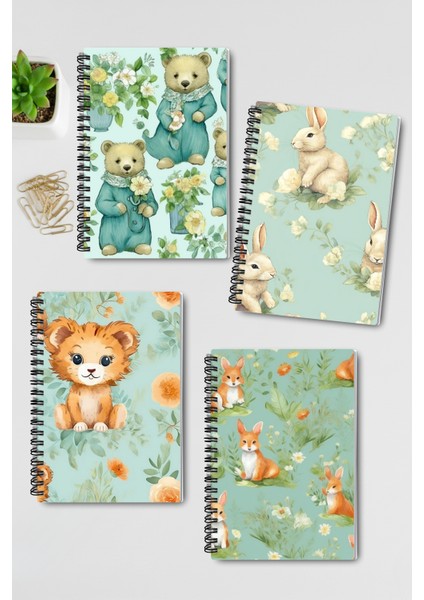 Yavru Sevimli Hayvanlar No:2 Tasarım Tel Spiralli 4'lü Hatıra, Günlük, Ajanda, Okul Defter Seti