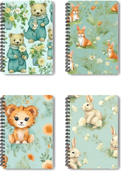Yavru Sevimli Hayvanlar No:2 Tasarım Tel Spiralli 4'lü Hatıra, Günlük, Ajanda, Okul Defter Seti