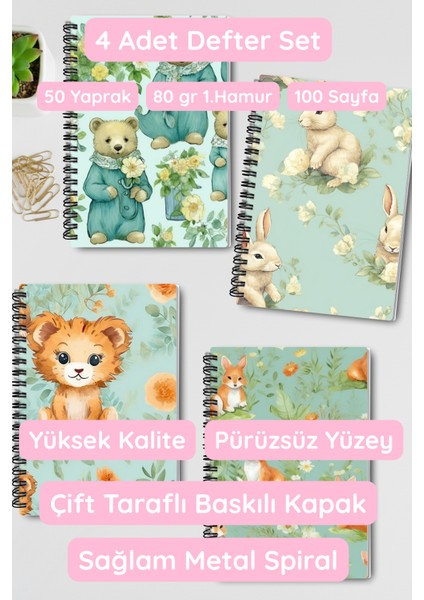 Yavru Sevimli Hayvanlar No:2 Tasarım Tel Spiralli 4'lü Hatıra, Günlük, Ajanda, Okul Defter Seti