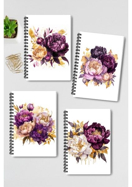 Doğa Temalı Renli Çiçekler Tasarım Tel Spiralli 4'lü Hatıra, Günlük, Ajanda, Anı, Okul Defter Seti